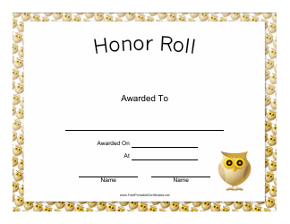 Document preview: Honor Roll Certificate Template - Owls