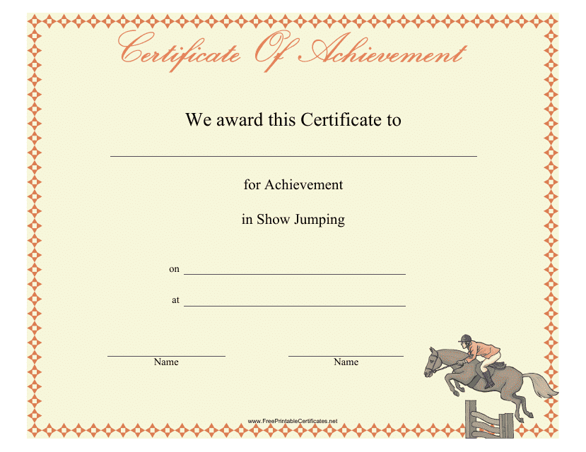 &quot;Show Jumping Certificate of Achievement Template&quot; Download Pdf
