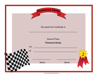 &quot;Pinewood Derby Second Place Certificate Template&quot;