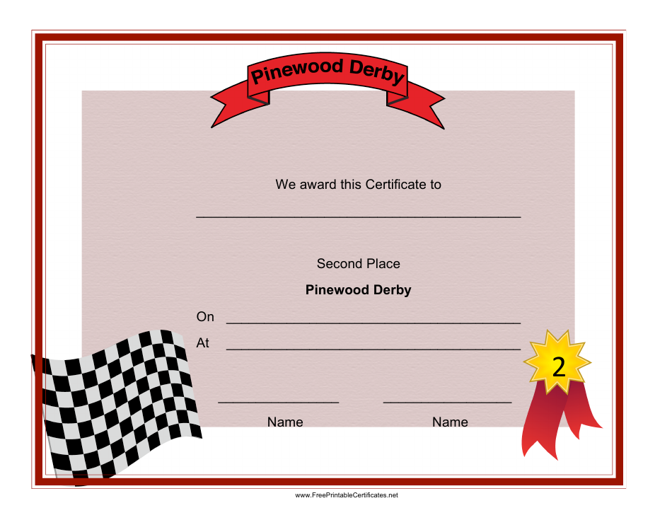 Pinewood Derby Second Place Certificate Template Preview