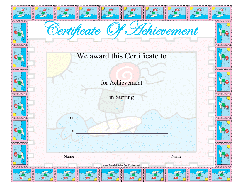 &quot;Surfing Achievement Certificate Template&quot; Download Pdf