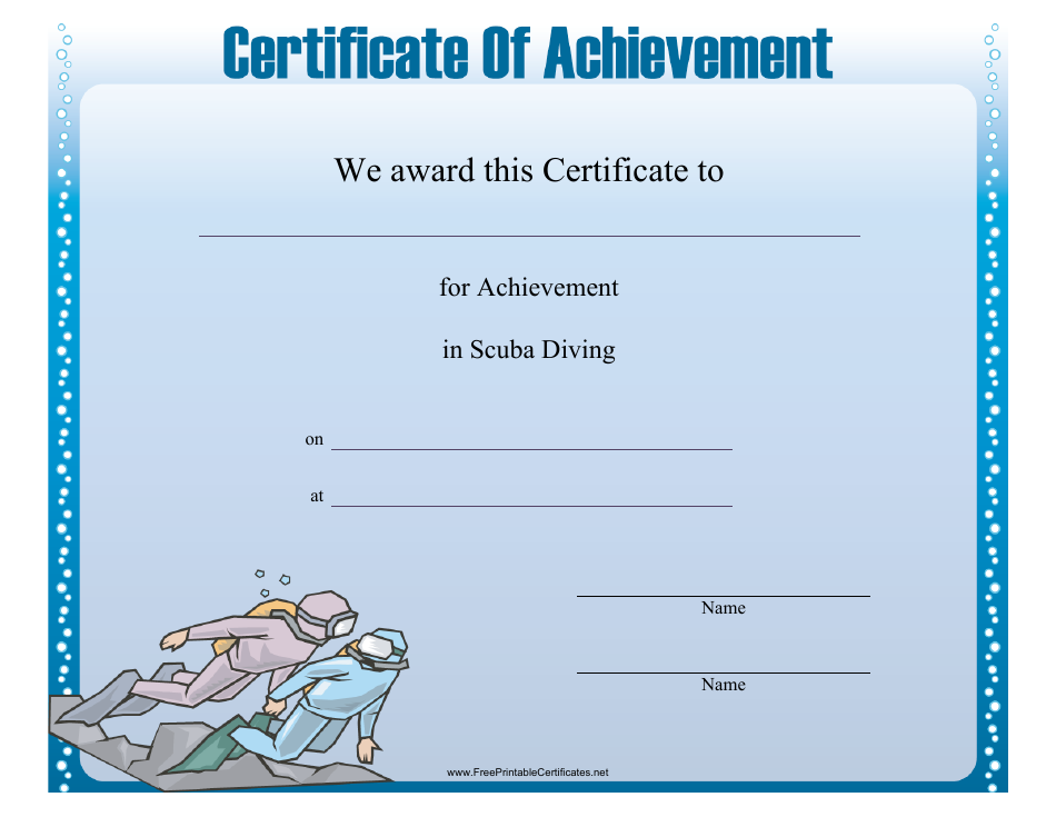 Scuba Diving Certificate of Achievement Template - Blue