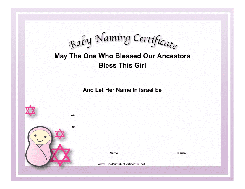 Cute and Joyful Jewish Baby Girl Naming Certificate Template