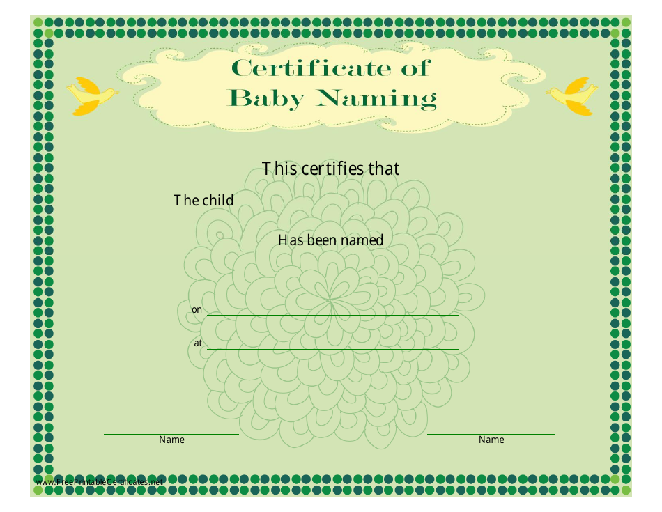 Baby Naming Certificate Template Green Download Printable PDF