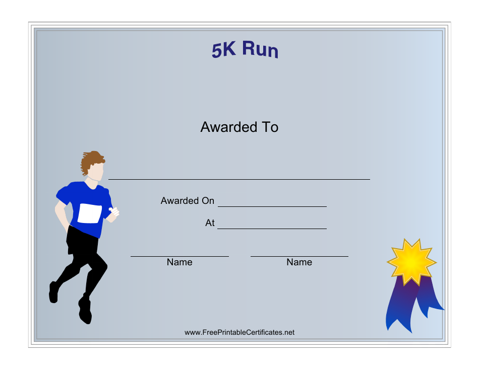 Male 5k Run Award Certificate Template Preview