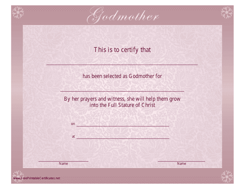 Godmother Certificate Template - Pink