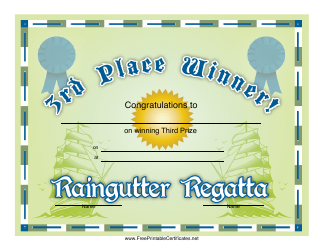 &quot;Raingutter Regatta 3rd Place Certificate Template&quot;