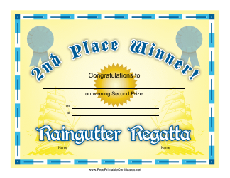 &quot;Raingutter Regatta 2nd Place Certificate Template&quot;
