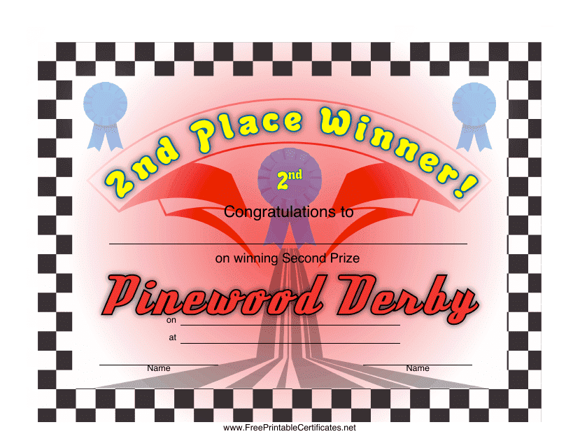 Pinewood Derby 2nd Place Certificate Template