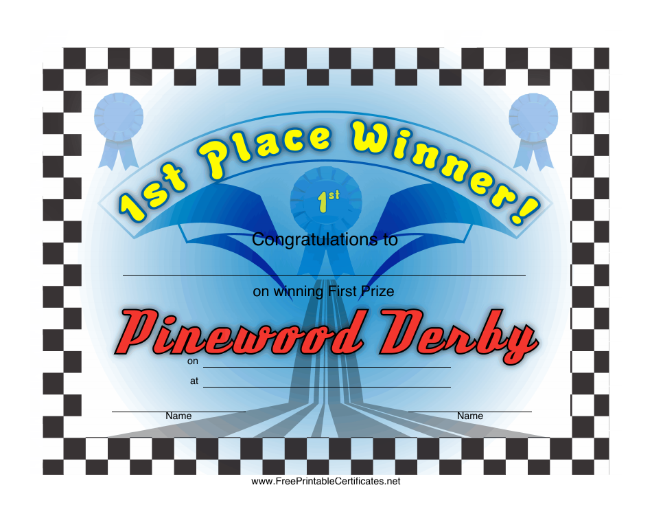 Pinewood Derby 1st Place Certificate Template - Customizeable Design for Winners of Pinewood Derby Races