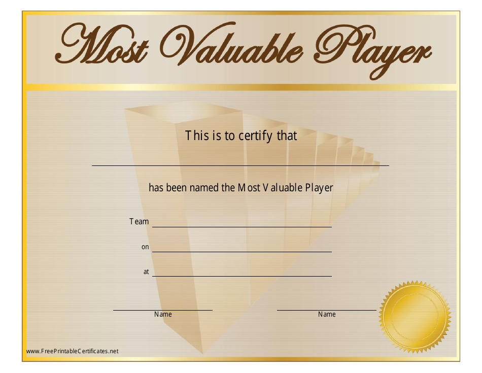 Most Valuable Player Award Certificate Template - Gold