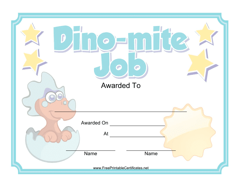 Dino-Mite Job Certificate Template - Blue