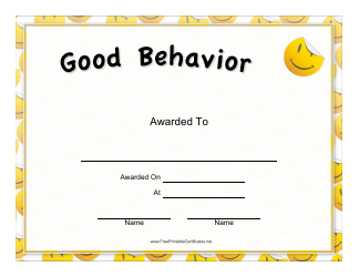 Document preview: Good Behavior Certificate Template - Yellow