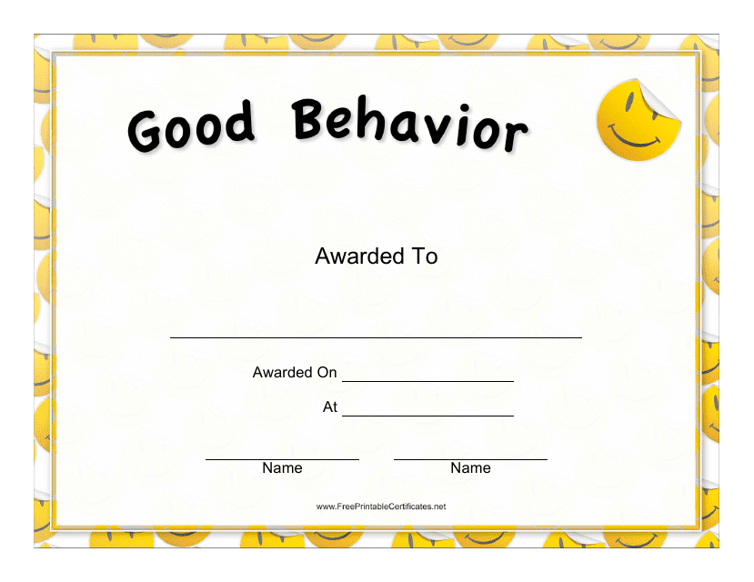 Good Behavior Certificate Template - Yellow Download Pdf