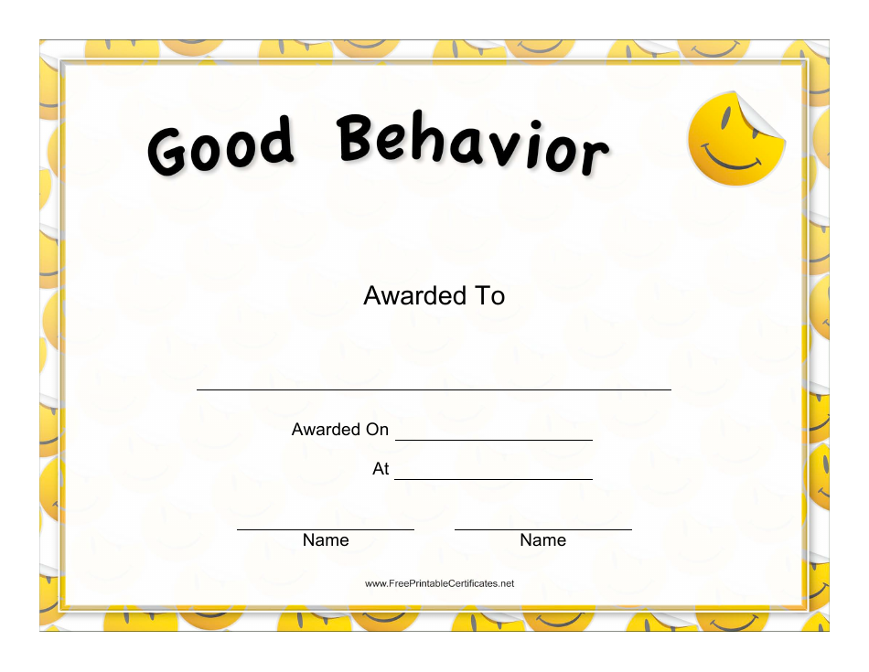 Good Behavior Certificate Template - Yellow, Page 1