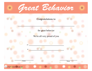 Document preview: Great Behavior Certificate Template - Orange