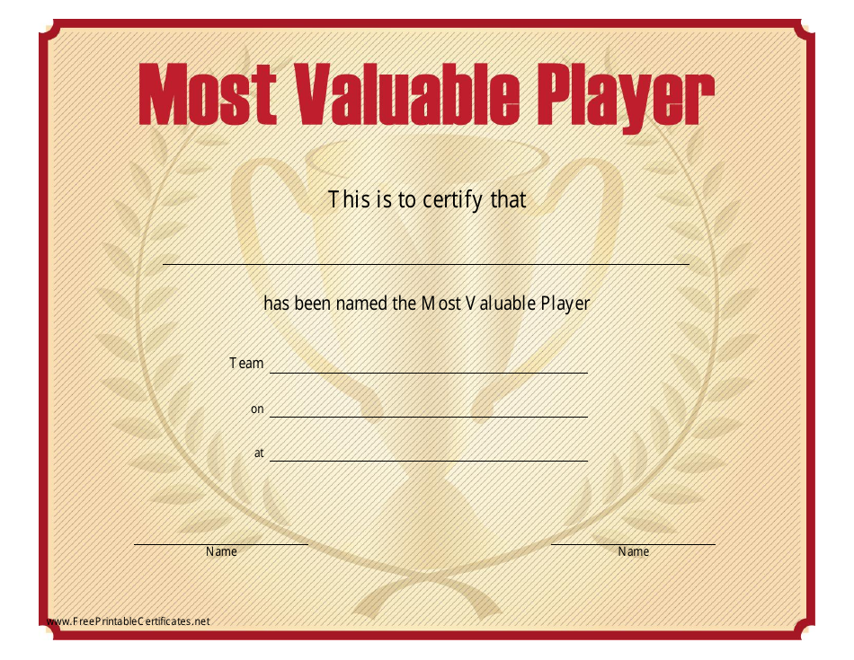 Most Valuable Player Certificate Template - A visually attractive and customizable template to acknowledge the most valuable player. Ideal for sports teams, tournaments, or any competitive events.