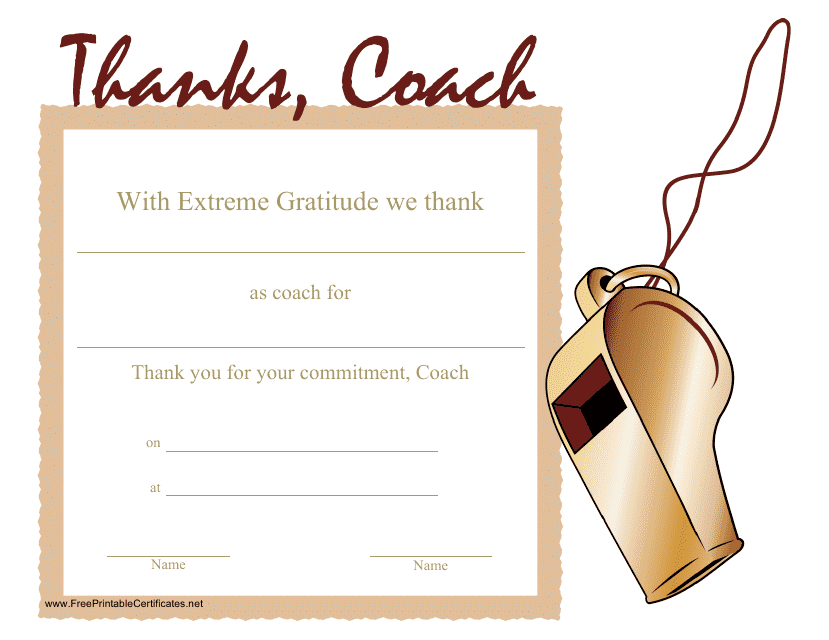 &quot;Coach Thank You Certificate Template&quot; Download Pdf