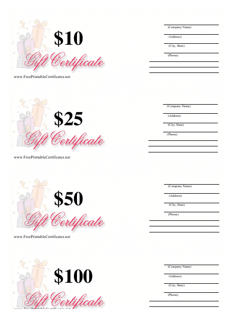 Pastel gift certificate template for various amounts (10, 25, 50, and 100 dollars)