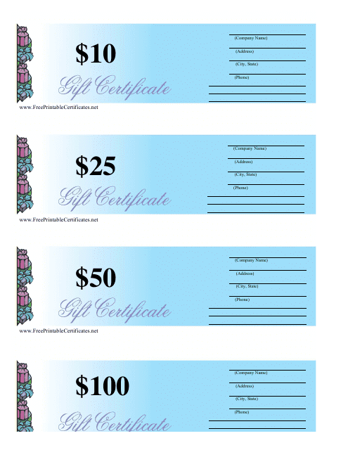 &quot;10, 25, 50 &amp; 100 Dollar Gift Certificate Templates - Blue&quot; Download Pdf