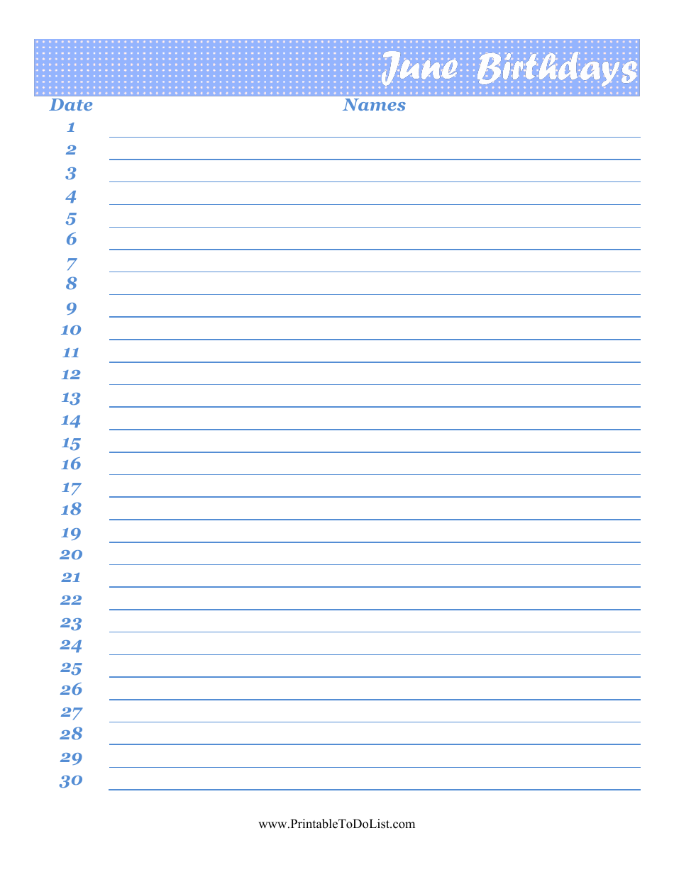 June Birthday Calendar Template - Printable