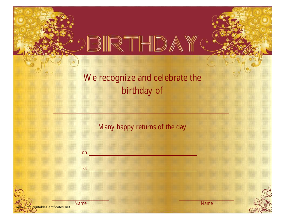 Gold birthday certificate template