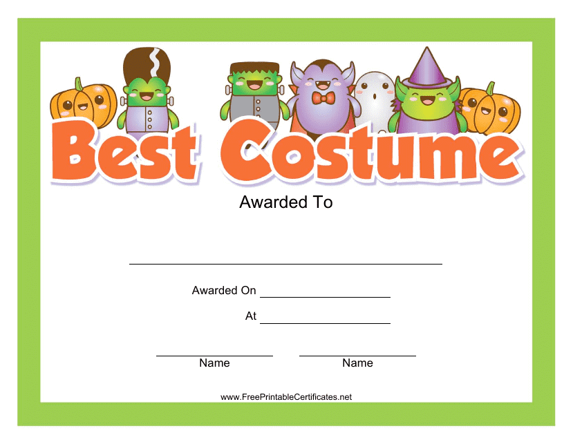 &quot;Best Costume Award Certificate Template&quot; Download Pdf