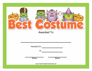 &quot;Best Costume Award Certificate Template&quot;