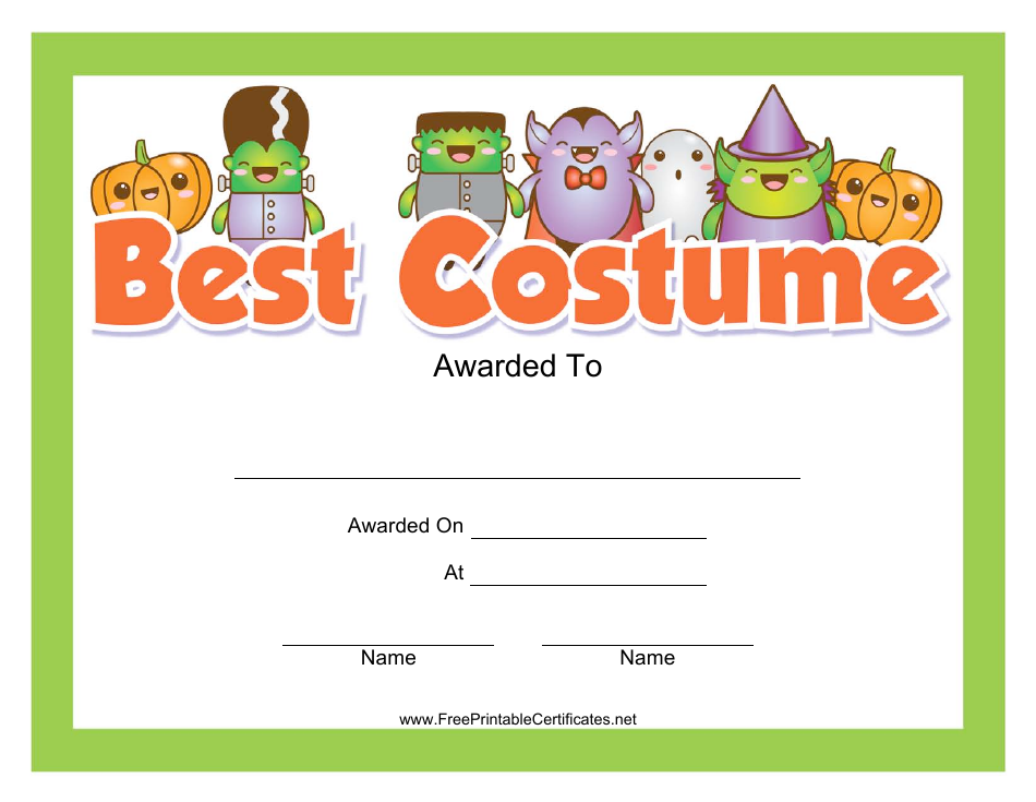 Best Costume Award Certificate Template Preview