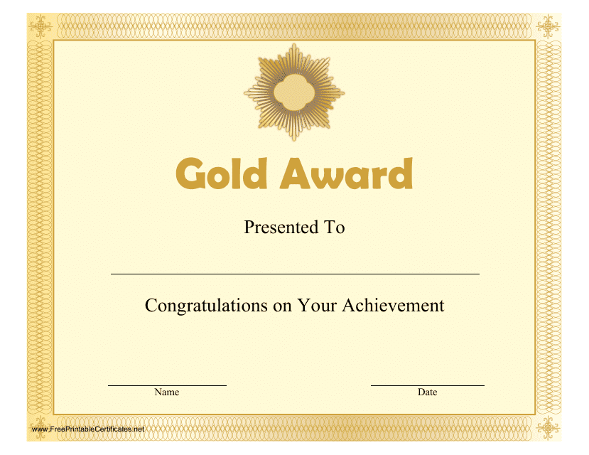&quot;Gold Award Certificate Template&quot; Download Pdf