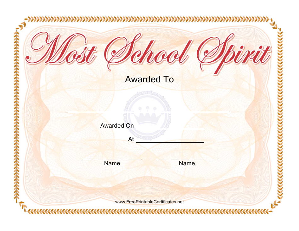 Most School Spirit Award Certificate Template - Image Preview
