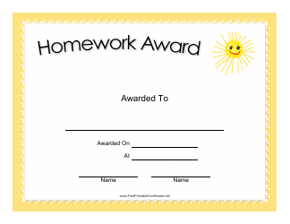 Document preview: Homework Award Certificate Template - Sun