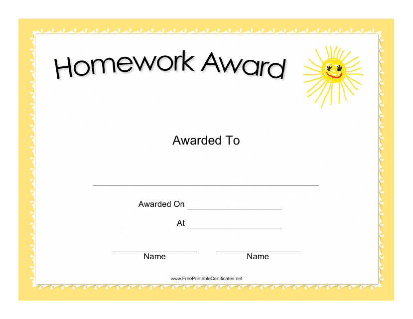 Homework Award Certificate Template with Sun Design