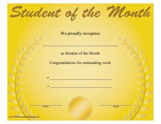 Document preview: Student of the Month Certificate Template - Yellow