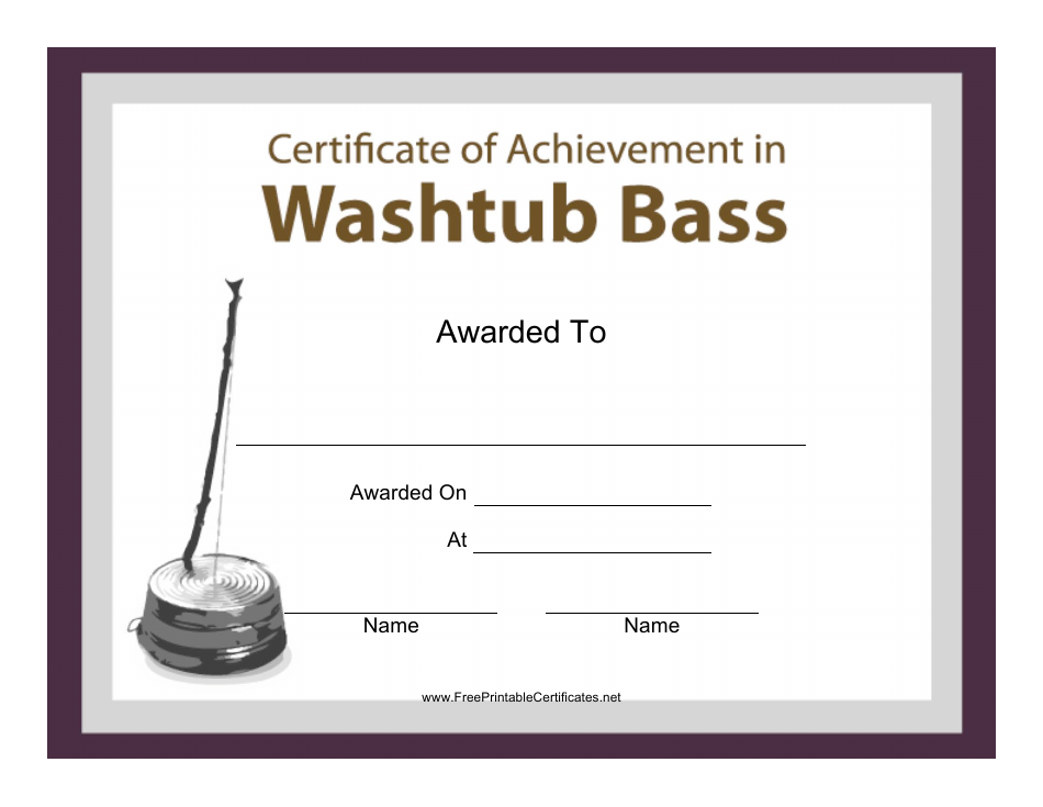 Certificate of Achievement Template with a creative design, featuring a festive and detailed illustration of a washtub bass. A perfect certificate to recognize the skills and talent in playing this unique musical instrument.
