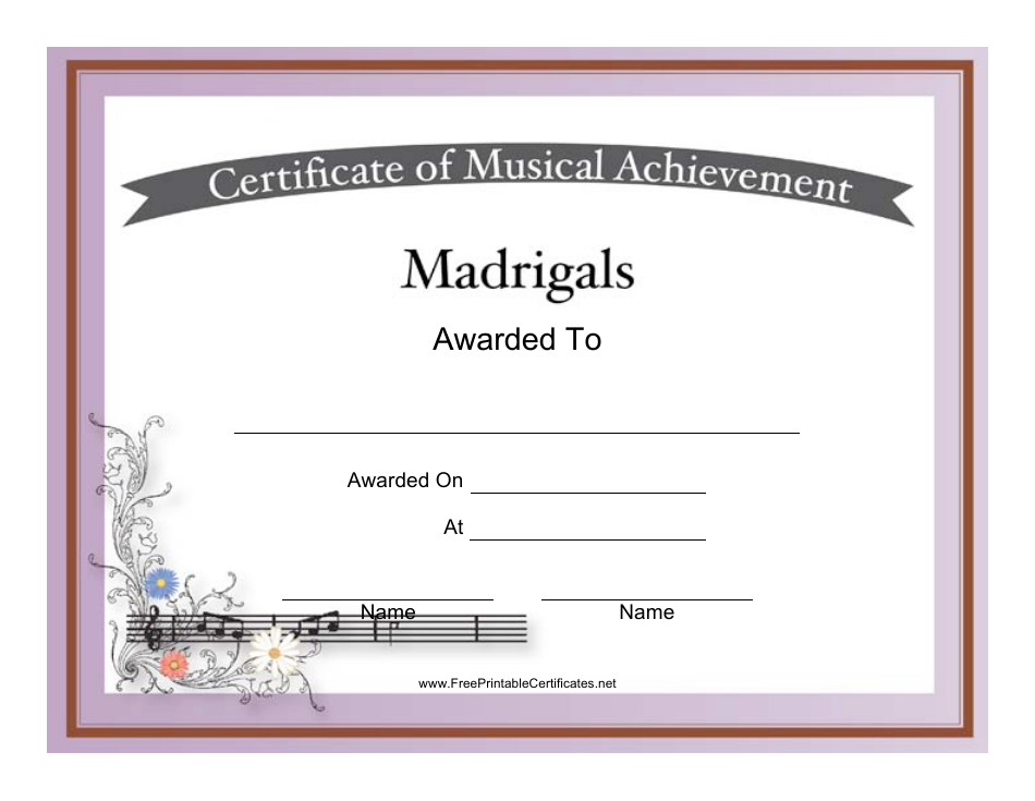 Certificate of Achievement in Madrigals Template