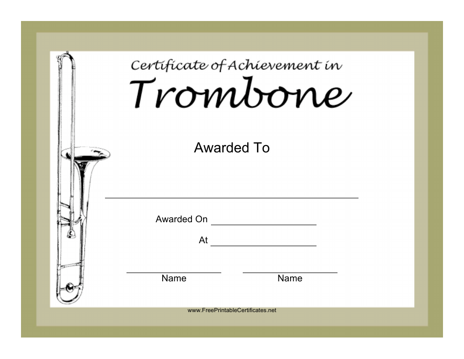 Trombone Certificate of Achievement Template - illustration of a beautifully designed certificate template specifically for recognizing trombone achievements.