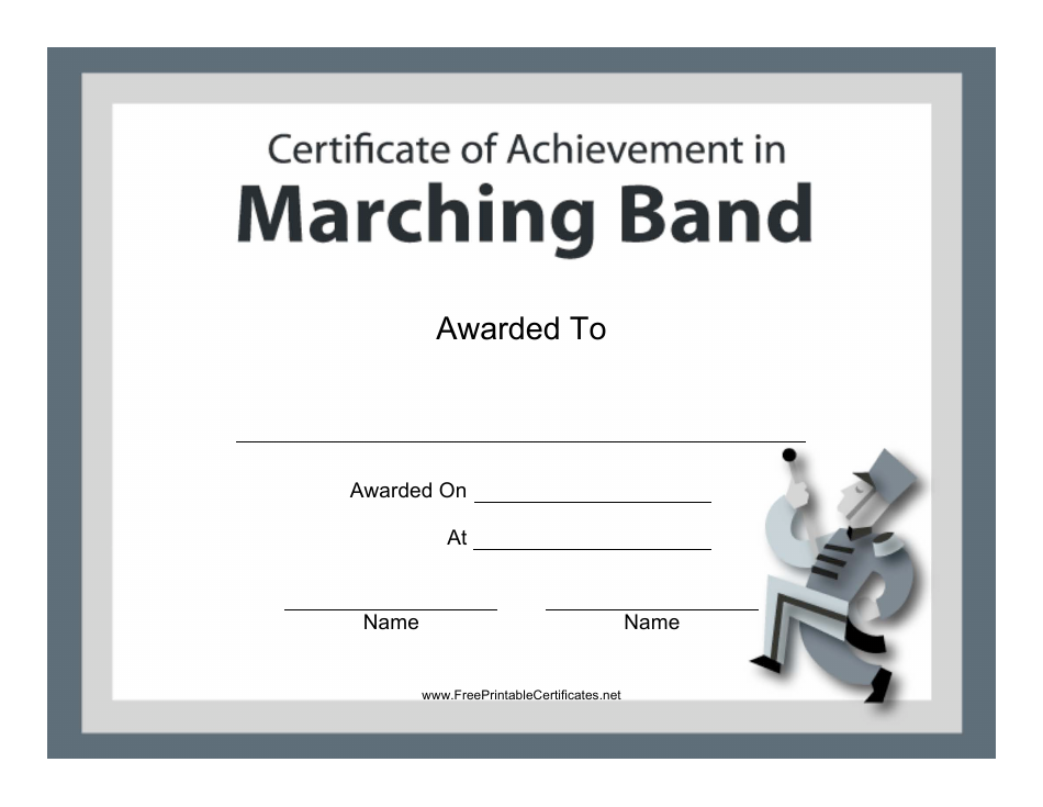A visually appealing marching band certificate of achievement template designed for recognizing the accomplishments of talented band members. This editable document features a captivating image that perfectly symbolizes the energy and teamwork of a marching band. Ideal for award ceremonies, competitions, and end-of-year celebrations, this certificate template offers a professional yet muted design, bringing attention to the deserving recipients of this prestigious honor.