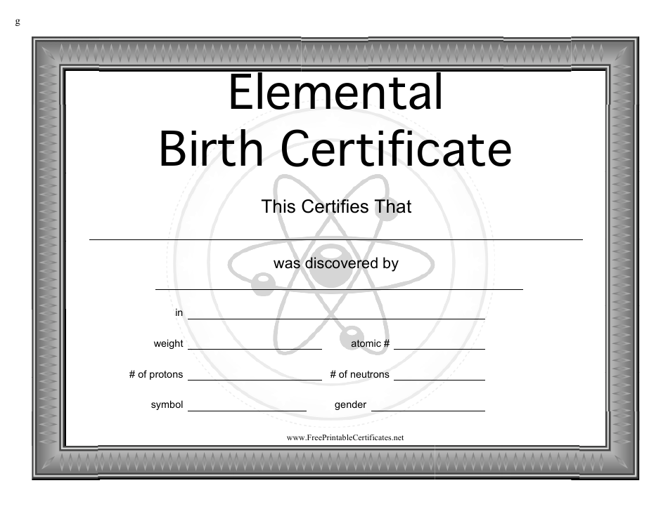 Elemental Birth Certificate Template Preview Image