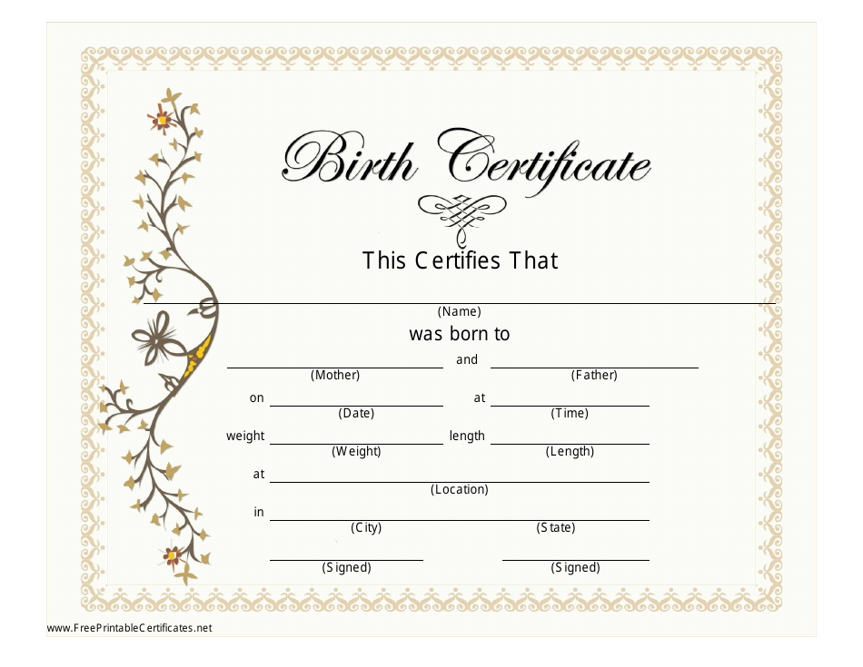 Birth Certificate Template with Golden Ornament