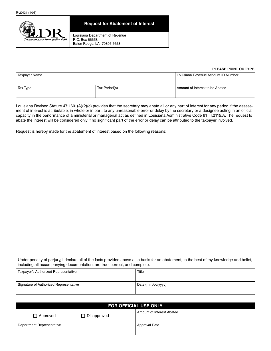 Form R-20131 Request for Abatement of Interest - Louisiana, Page 1