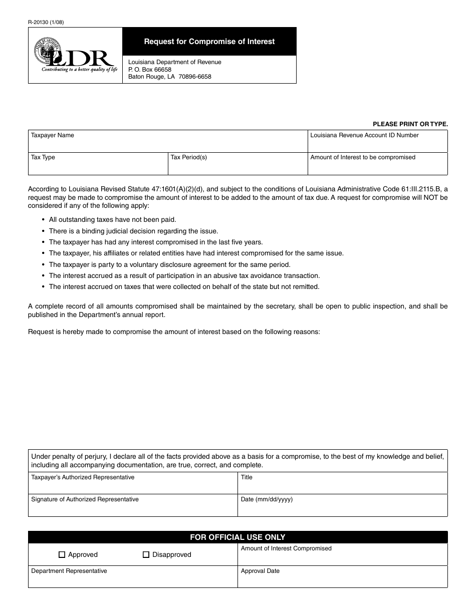 Form R-20130 Request for Compromise of Interest - Louisiana, Page 1