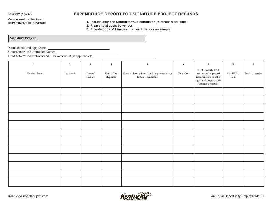 Form 51A292 Expenditure Report for Signature Project Refunds - Kentucky, Page 1
