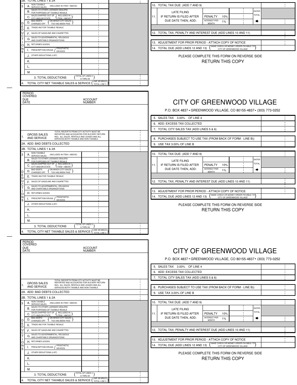 Sales Tax Form - City of Greenwood Village, Colorado, Page 1