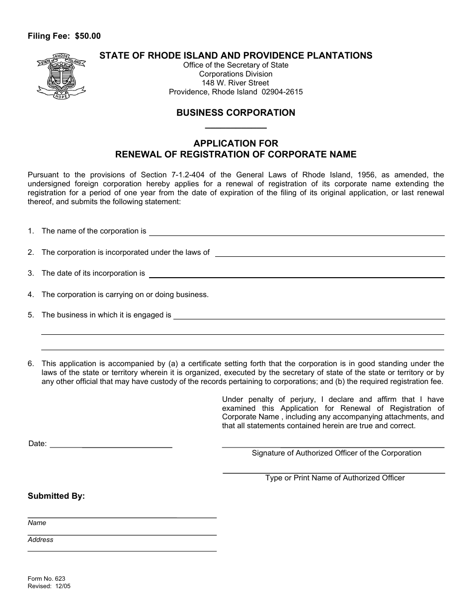 Form 623 Application for Renewal of Registration of Corporate Name - Rhode Island, Page 2