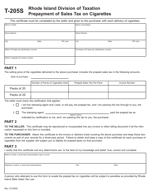 Form T-205S Prepayment of Sales Tax on Cigarettes - Rhode Island