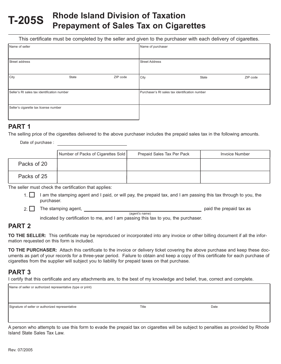 Form T-205S Prepayment of Sales Tax on Cigarettes - Rhode Island, Page 1