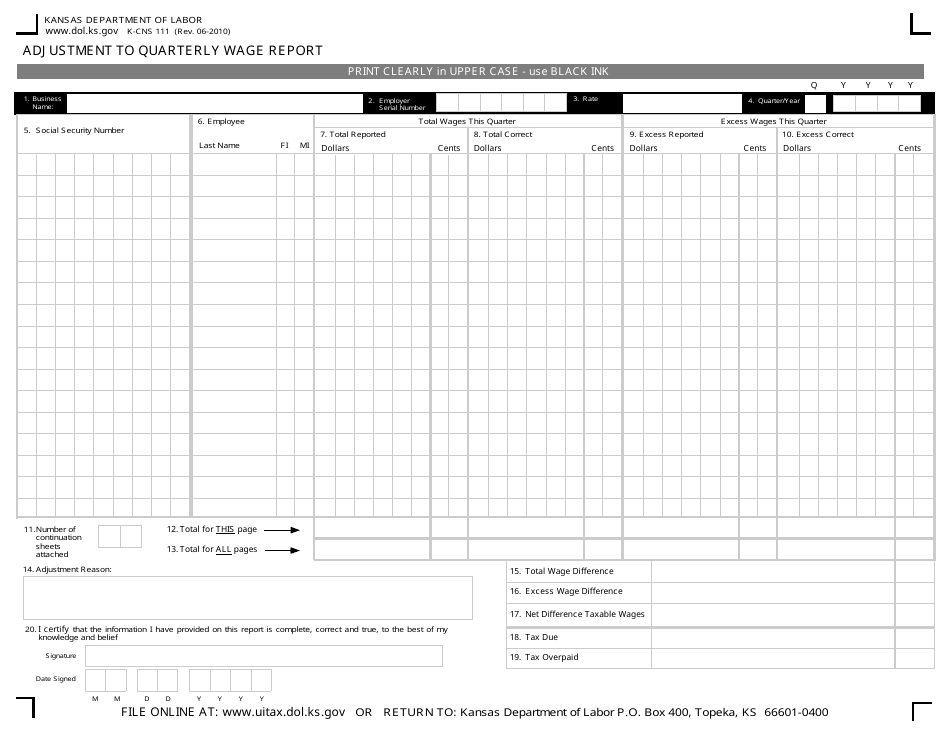 Form K-CNS111 Adjustment to Quarterly Wage Report - Kansas, Page 1
