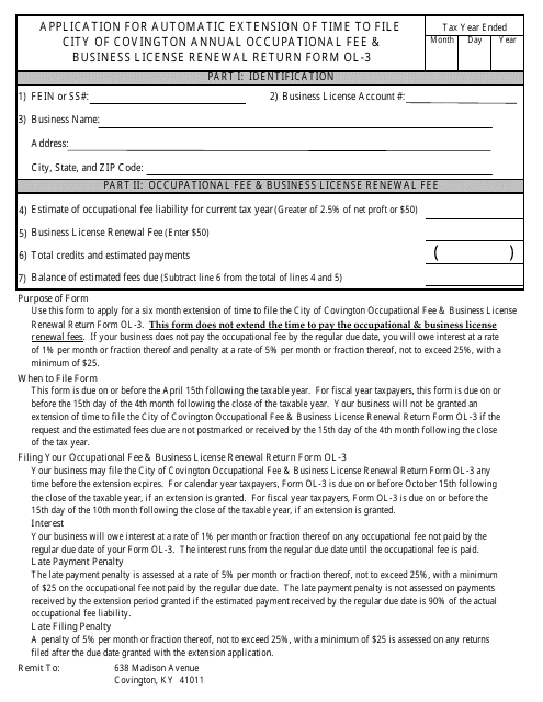 Application for Automatic Extension of Time to File City of Covington Annual Occupational Fee & Business License Renewal Return Form Ol-3 - City of Covington, Kentucky