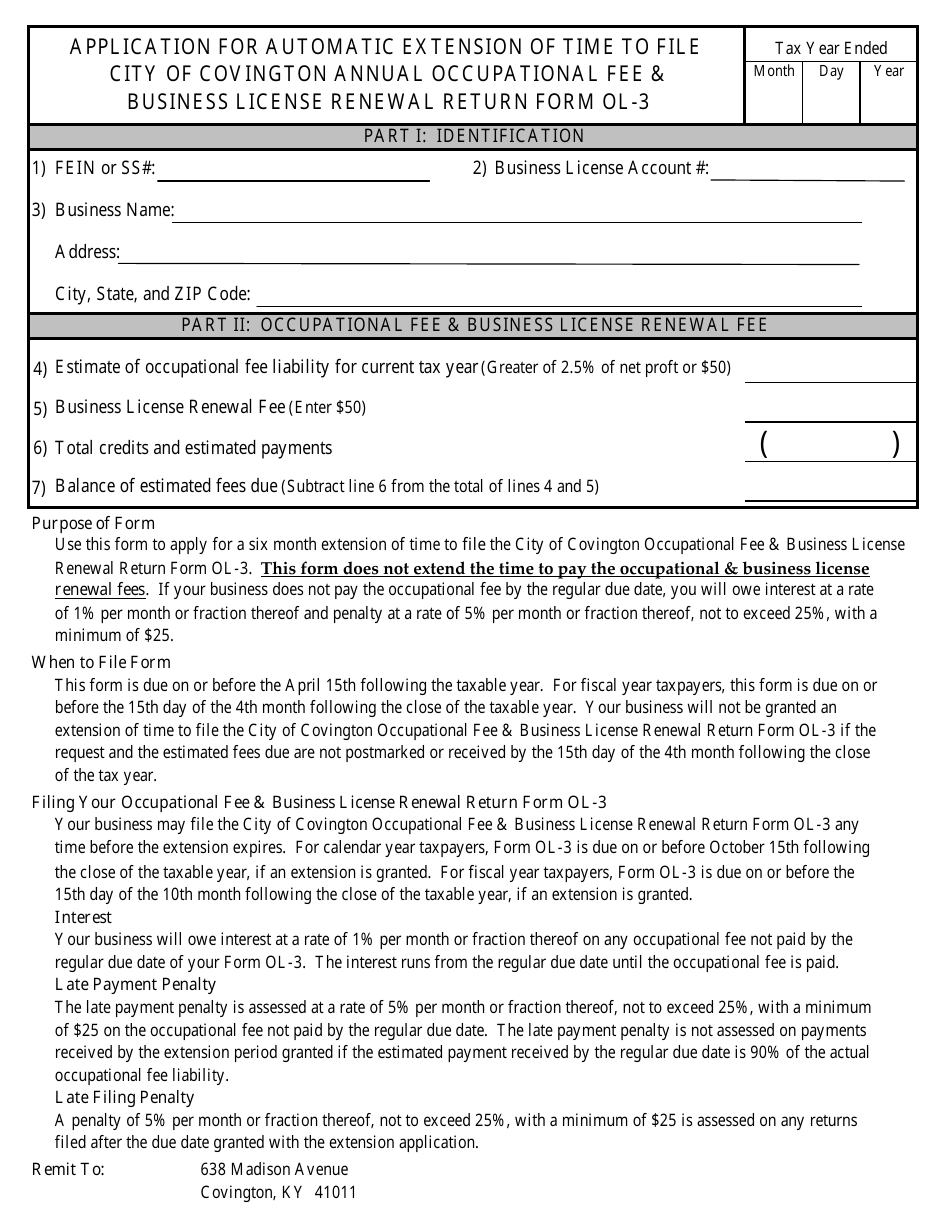 Application for Automatic Extension of Time to File City of Covington Annual Occupational Fee  Business License Renewal Return Form Ol-3 - City of Covington, Kentucky, Page 1
